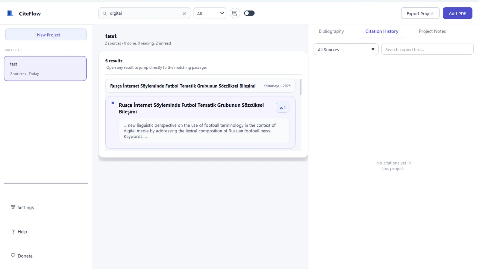 CiteFlow project search results showing matched passages across imported sources on Windows
