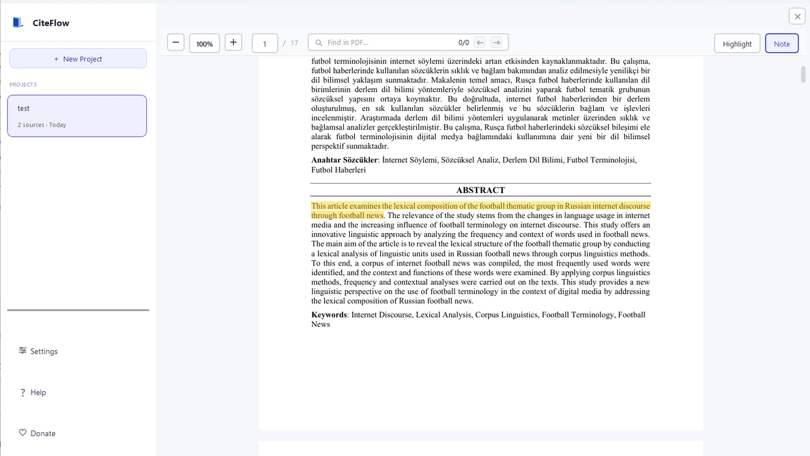 CiteFlow PDF reader highlighting a passage in the abstract while note tools remain available on Windows