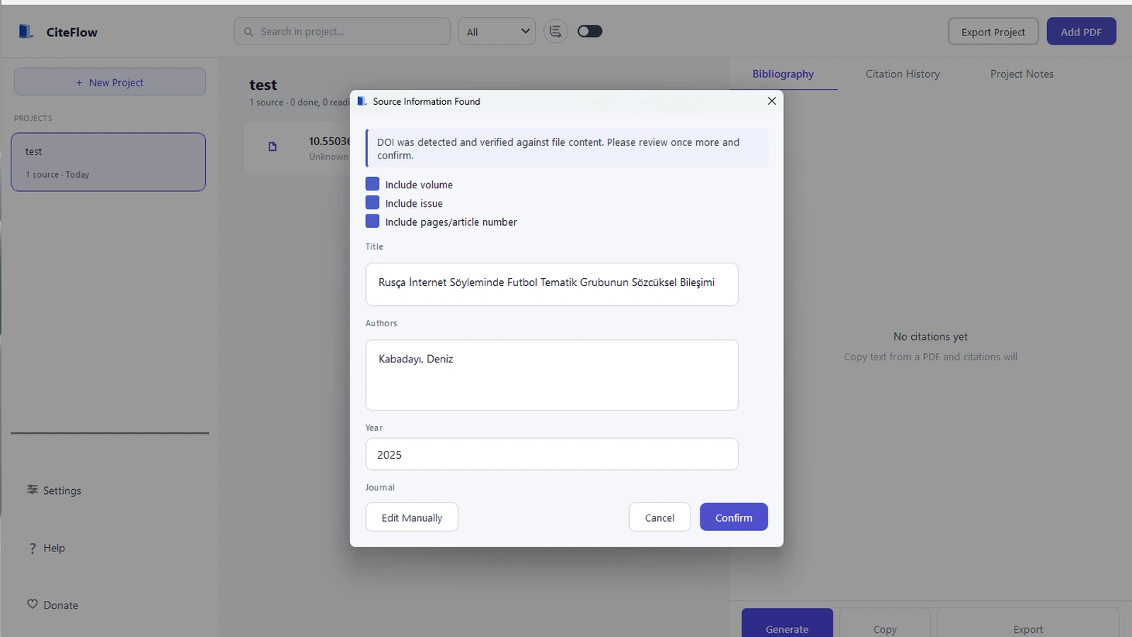 CiteFlow metadata confirmation dialog reviewing DOI-detected source details before saving on Windows