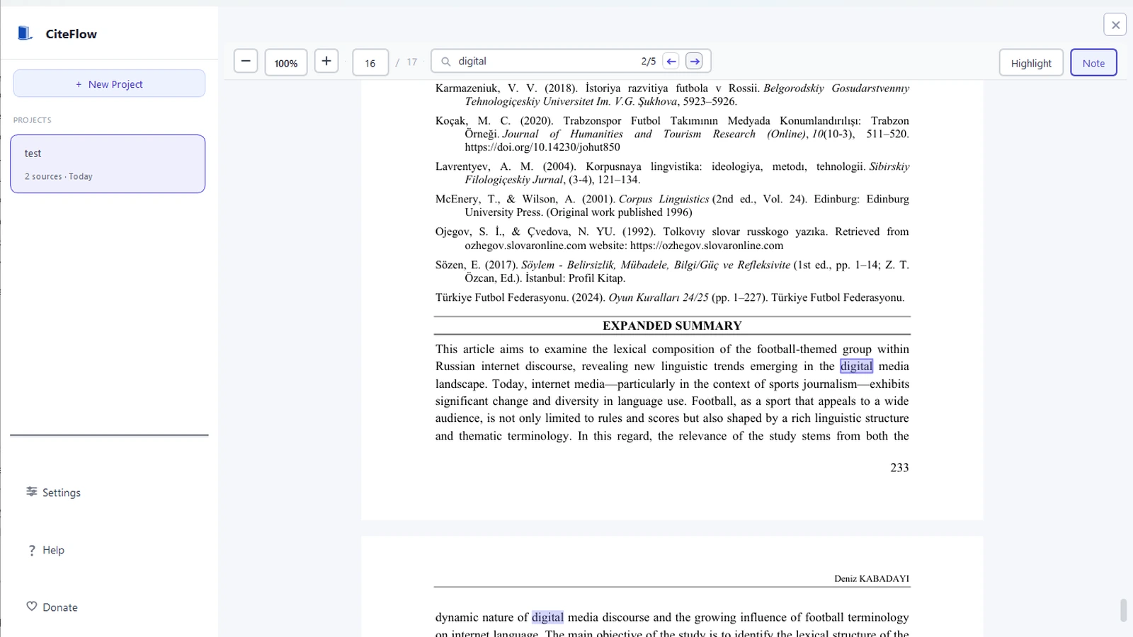 CiteFlow PDF reader showing page navigation, in-document search, highlight tools, and note controls on Windows
