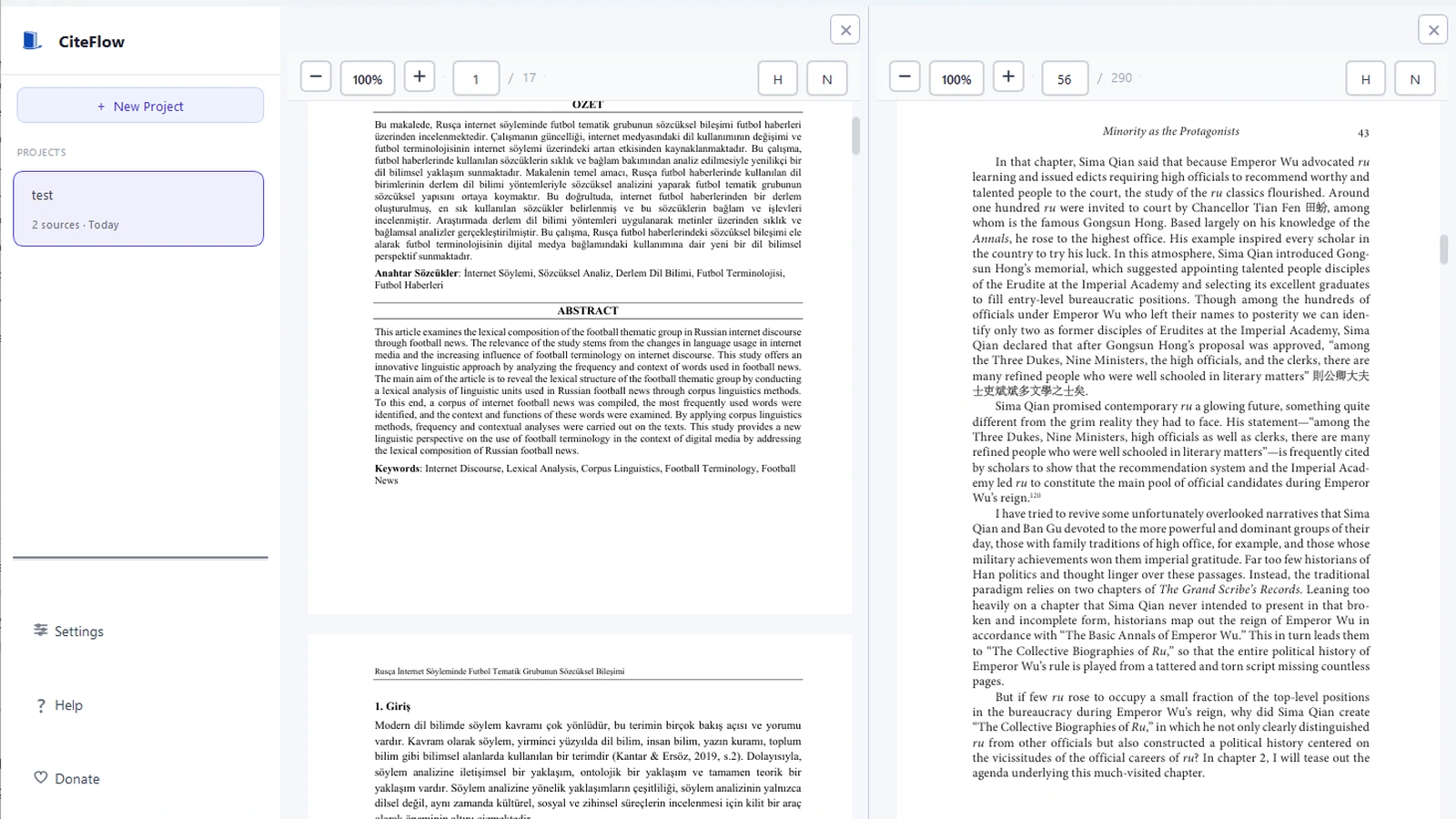 CiteFlow side-by-side PDF view comparing two research sources in parallel on Windows