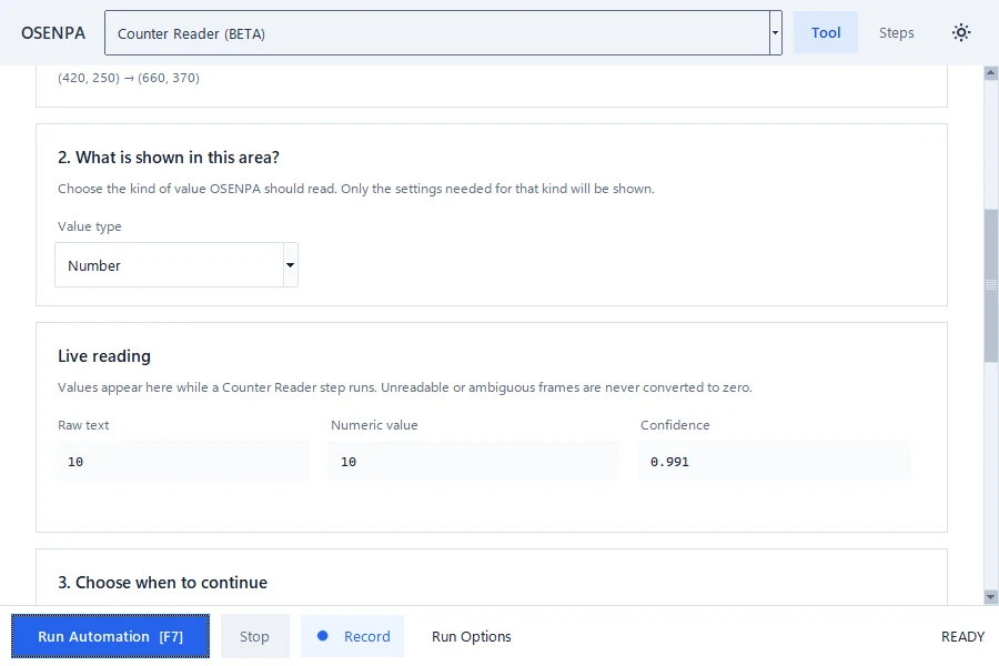 Counter Reader live test showing the raw OCR text, numeric value and reading confidence.