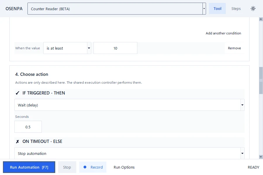 Counter Reader rule with a numeric comparison and separate actions for a match and timeout.