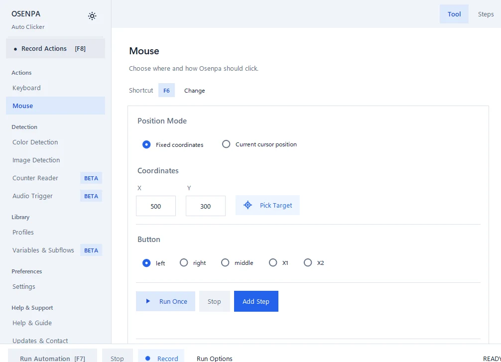 Mouse controls with the left button, fixed screen position, interval, repeat count, Run Once and Add Step.