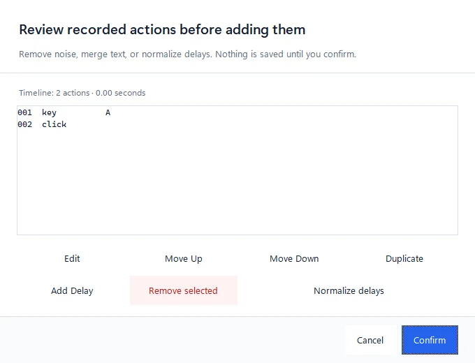 Review recorded actions dialog with mouse and keyboard actions and controls to edit, move, duplicate or remove them.