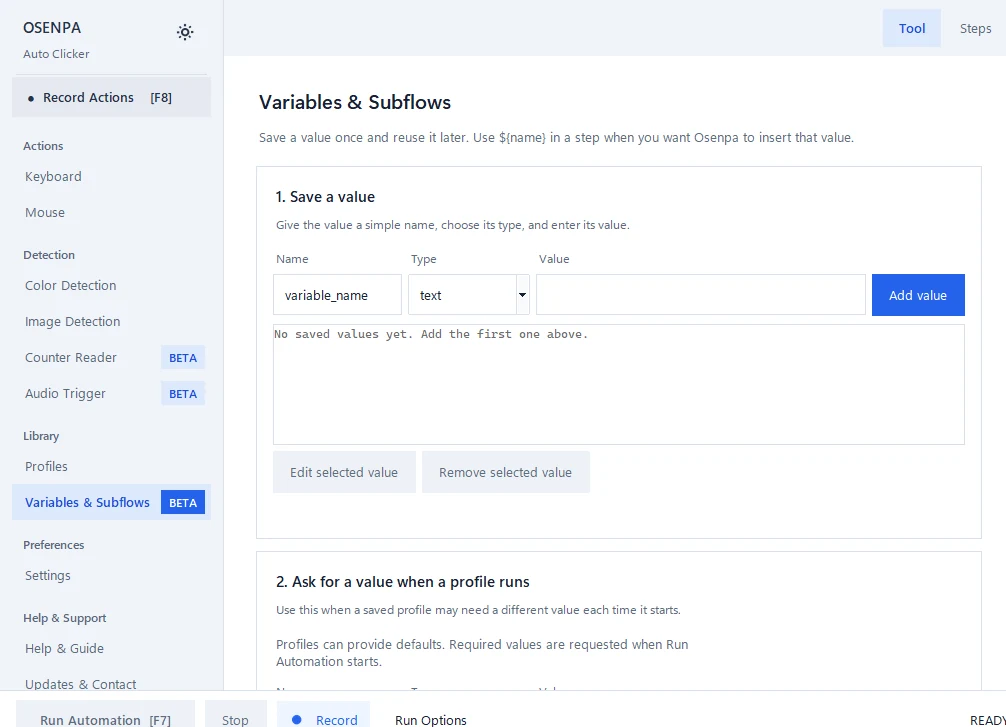 Variables and Subflows screen with controls to save a typed value and an empty variable list.