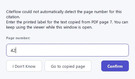 CiteFlow Page Number Needed dialog asking for the printed label of selected text from a PDF page