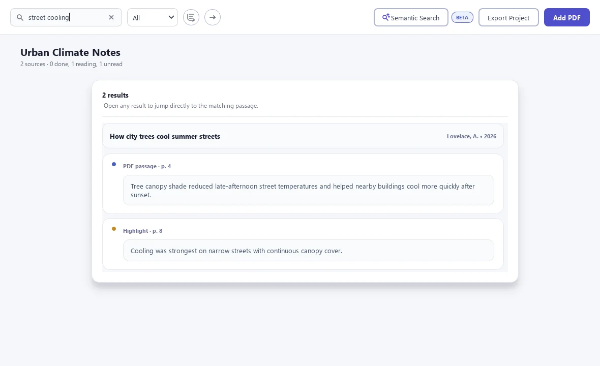 CiteFlow project with a known phrase entered in exact search and two matching passages shown