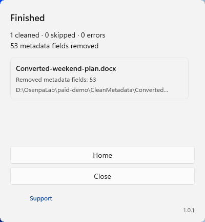 Clean Metadata showing Finished, one cleaned document, zero errors and 53 metadata fields removed.
