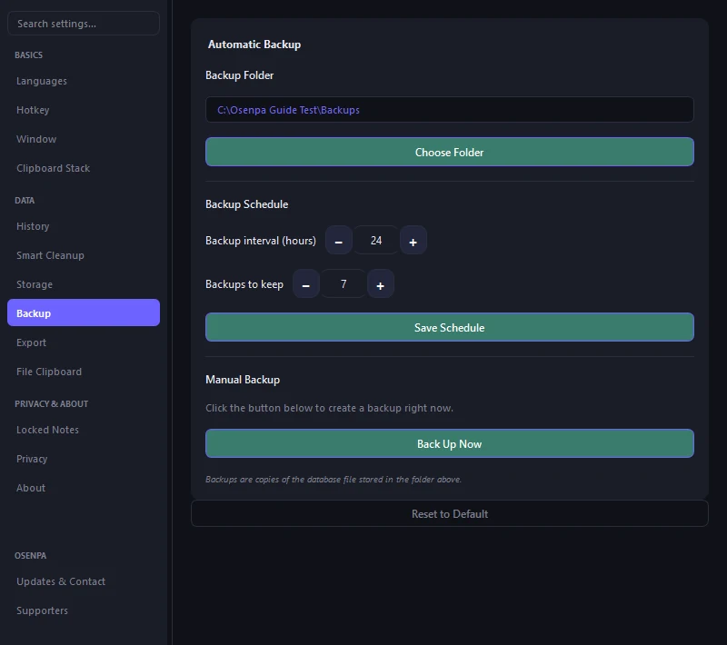 Clipboard backup settings with a folder, backup interval, retained-copy count, Save Schedule and Back Up Now controls.