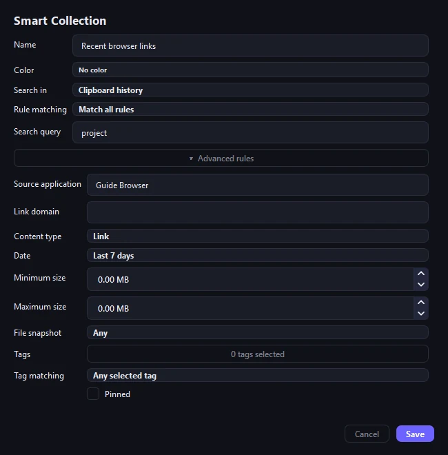 Smart Collection editor with a name, History scope and rules that match links from example.com.