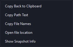 File card menu with Copy back to clipboard and Show Snapshot Info actions.