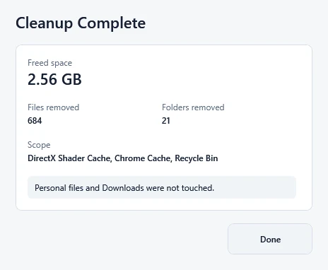 Osenpa Disk Analyzer cleanup receipt with freed space, removed counts, cleanup scope and a personal-files notice