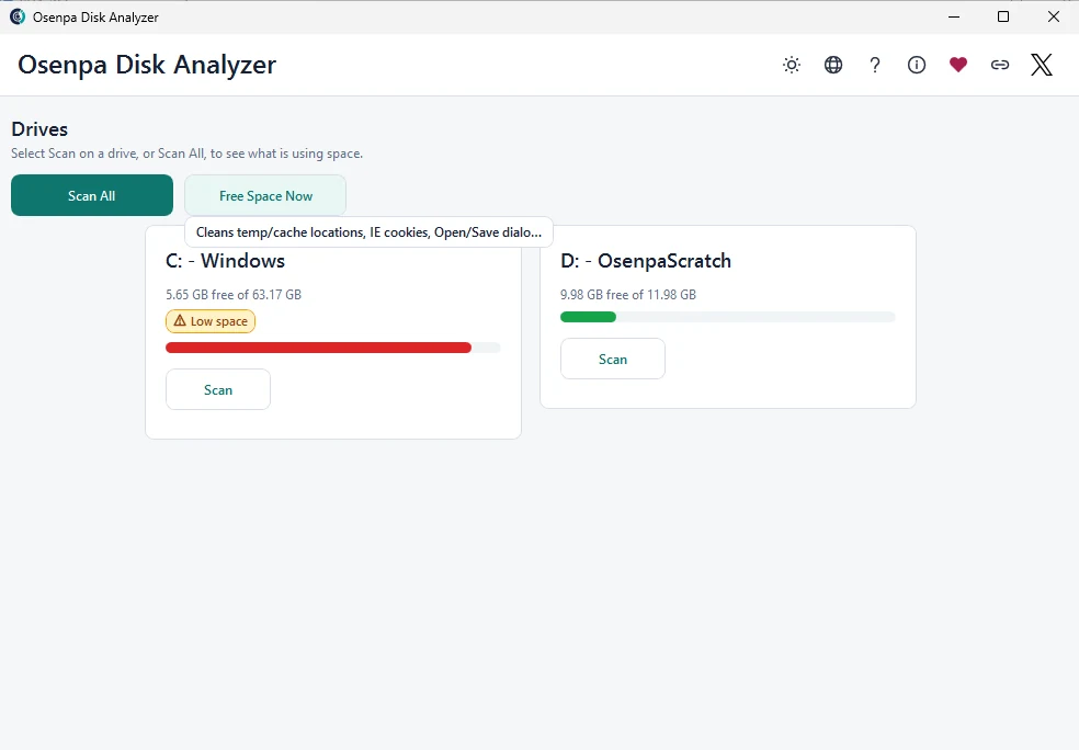 Osenpa Disk Analyzer home screen with Scan All, Free Space Now, two drive cards and the cleanup scope tooltip