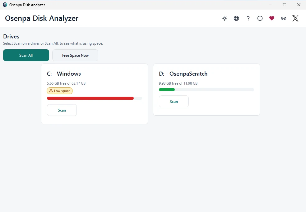 Osenpa Disk Analyzer home screen with separate cards for two drives and a Scan All button
