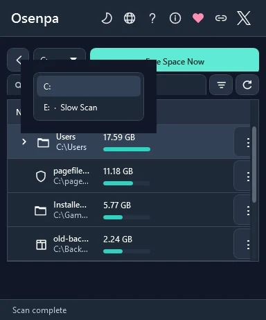 Osenpa Disk Analyzer result selector showing C drive and E drive marked Slow Scan