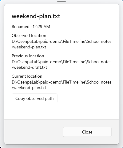 File Timeline details showing weekend-draft.txt as the previous location and weekend-plan.txt as the observed and current location.