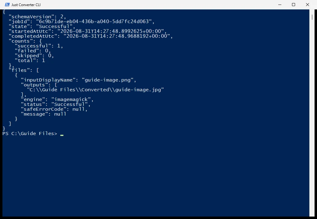 PowerShell showing a successful Just Converter JSON result with one input file and one output file.