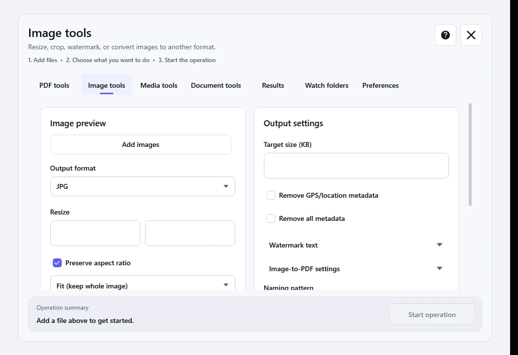 Just Converter Image tools with the output format, target size and metadata controls visible.