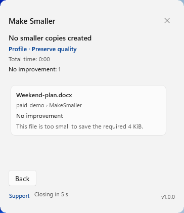 Make Smaller showing No smaller copies created for Weekend-plan.docx because the file is too small to save the required 4 KiB.