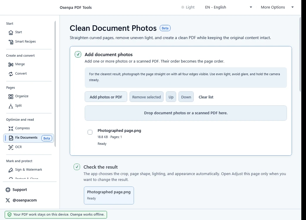 Osenpa PDF Tools Fix Documents screen with a photographed page ready and the result check below it.