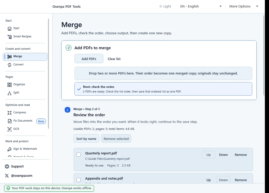 Osenpa PDF Tools Merge screen with two PDFs ready and controls for reviewing their order.