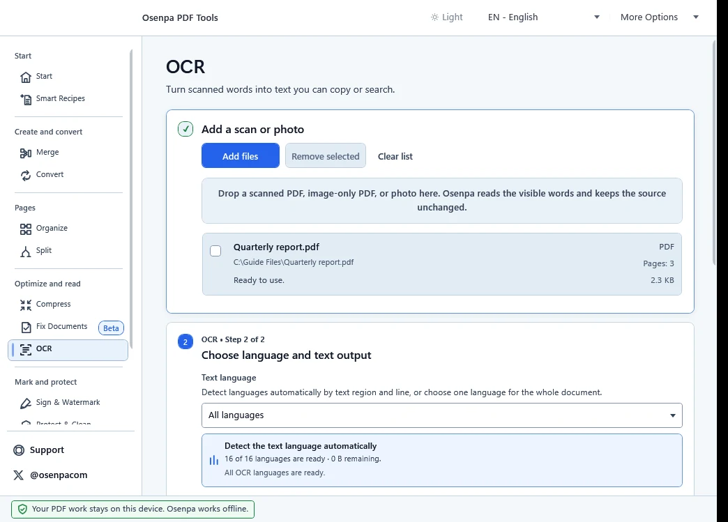Osenpa PDF Tools OCR screen with All languages selected and all 16 OCR languages ready.