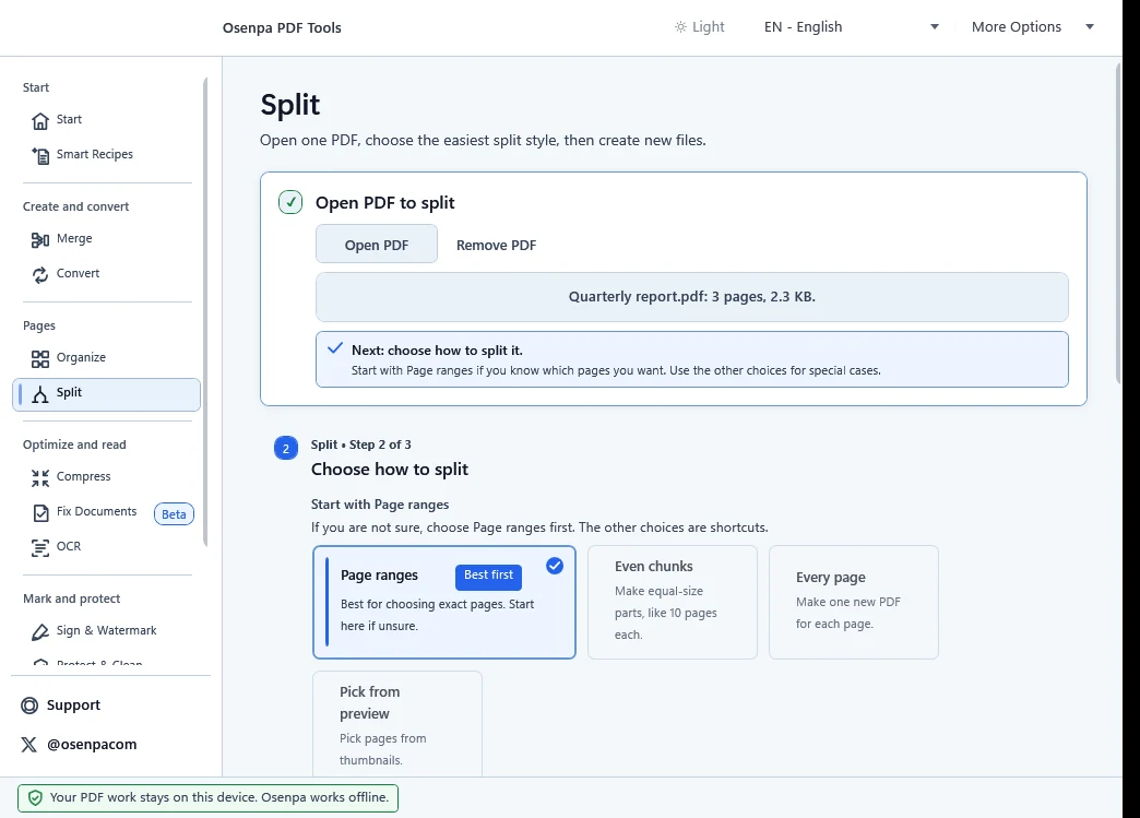 Osenpa PDF Tools Split screen with Page ranges selected and the other split methods visible.