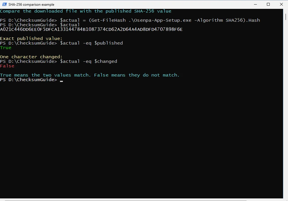 PowerShell comparing complete expected and calculated SHA-256 values and returning True, then returning False after one character changes