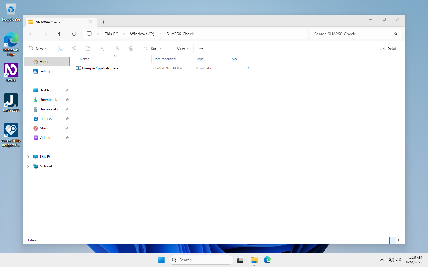 Windows 11 File Explorer open to C drive, SHA256-Check folder, with Osenpa-App-Setup.exe listed