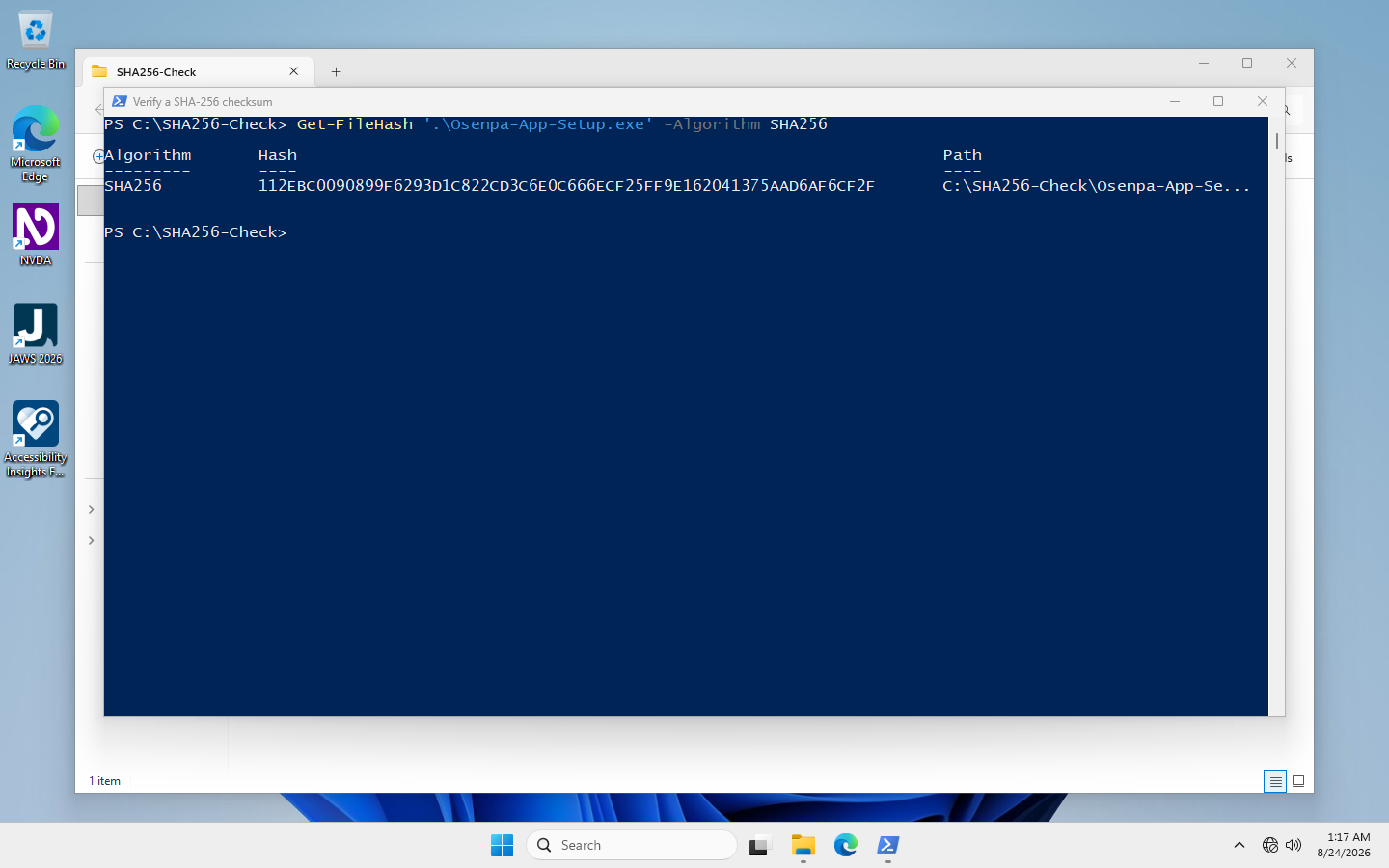 English Windows PowerShell window showing Get-FileHash and a 64-character SHA-256 result