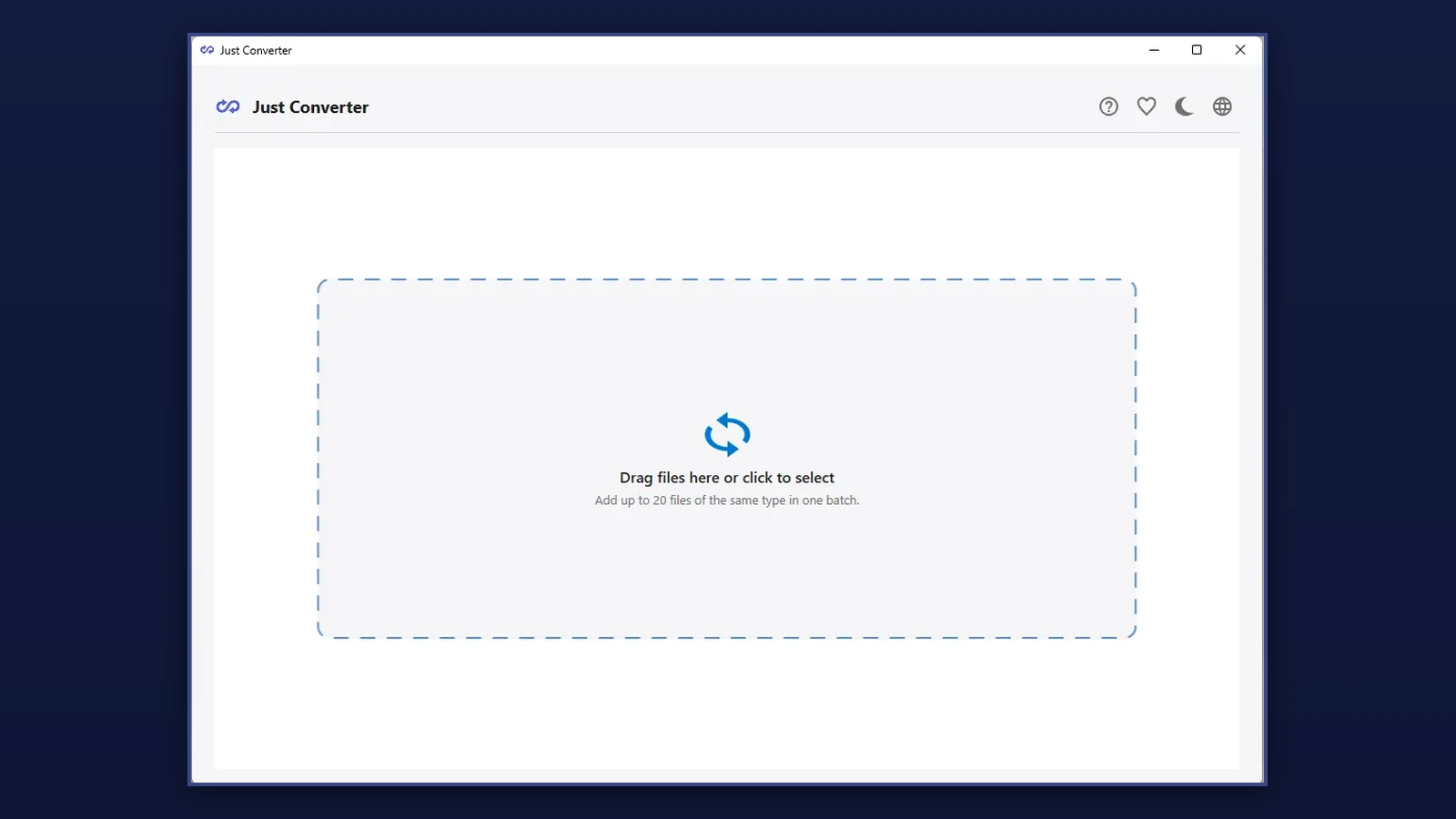 Just Converter interface preview showing the local file-drop workspace for media, image, and PDF conversion on Windows