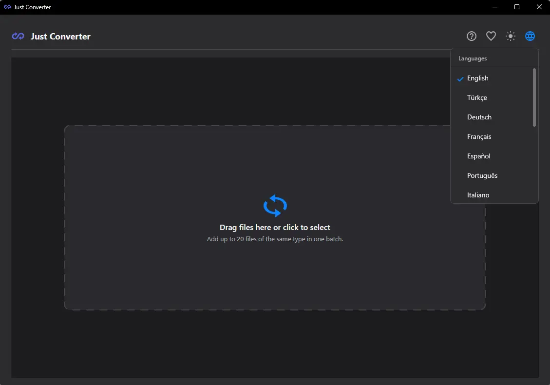 Just Converter dark mode interface with language selection showing 16 supported languages