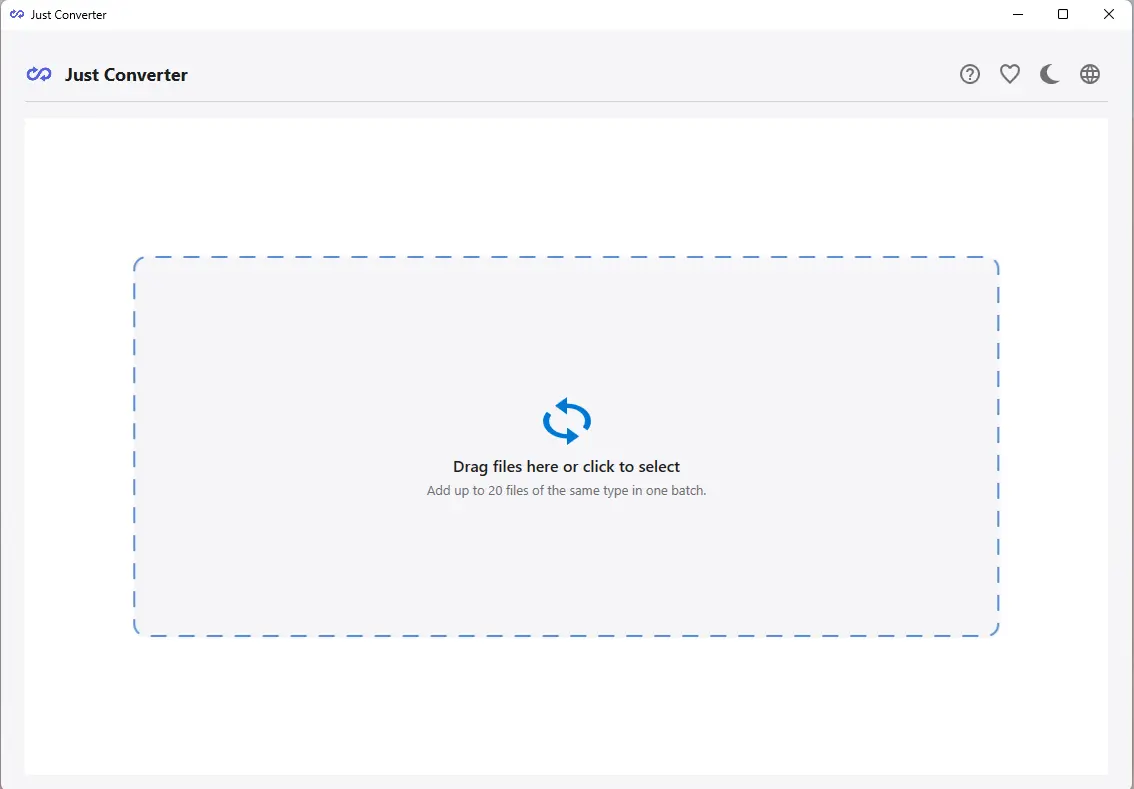 Just Converter main screen showing file conversion interface with format selection