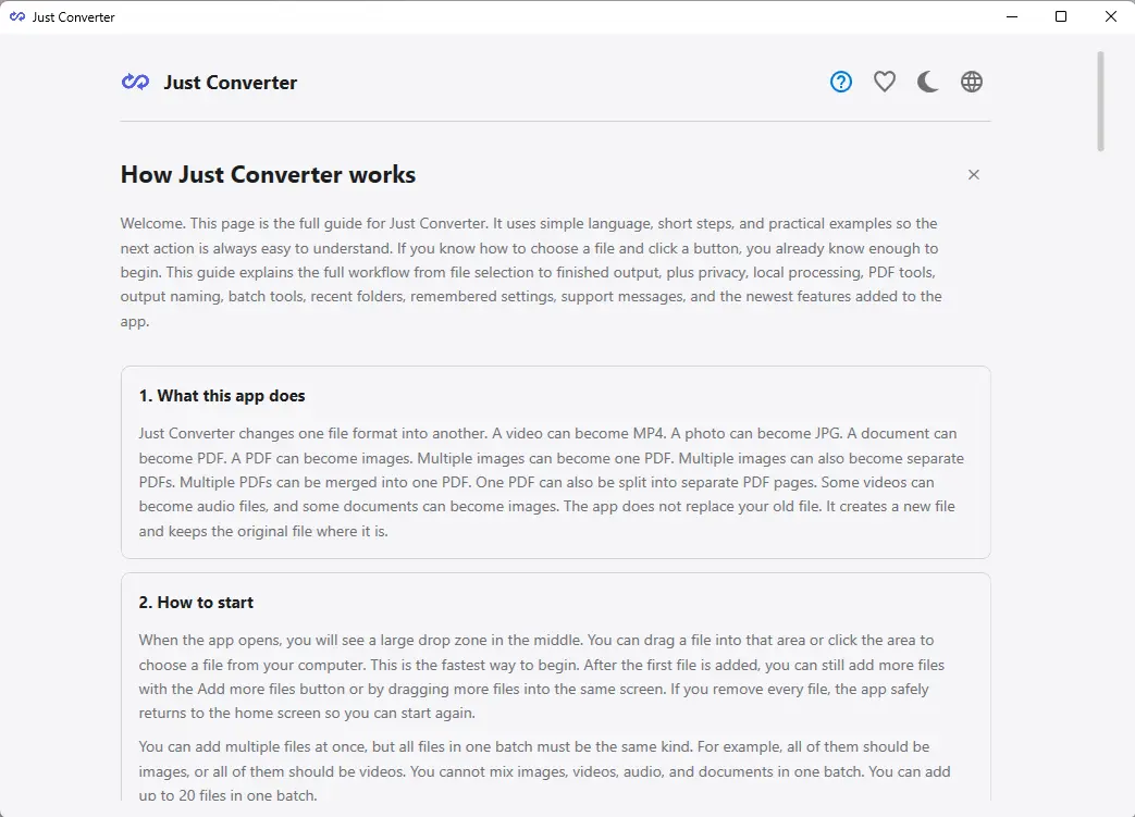 Just Converter how it works guide showing step-by-step conversion workflow