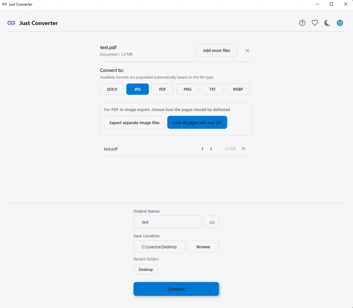 Just Converter PDF to JPG conversion screen with page export options