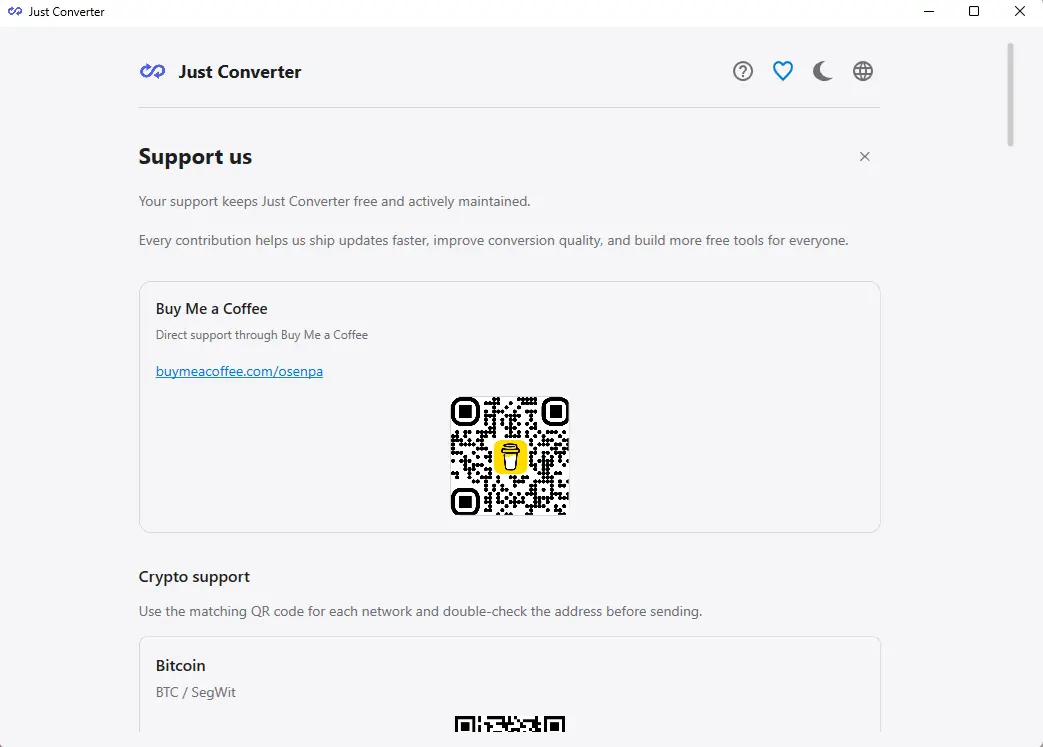 Just Converter support page with donation options