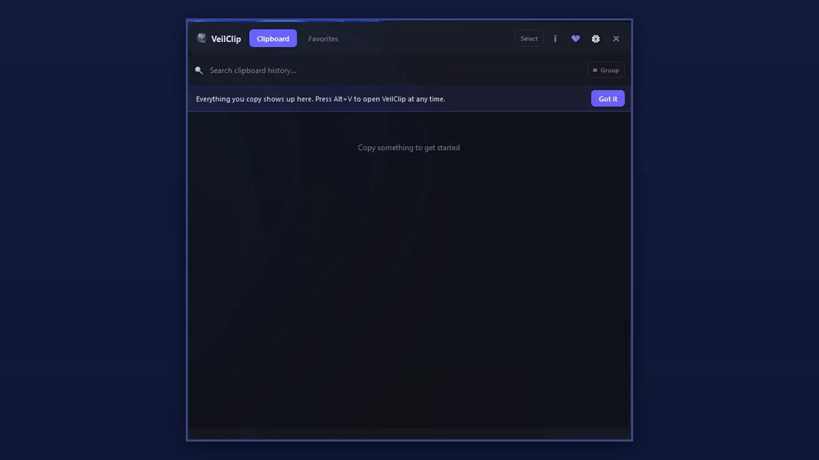 VeilClip interface preview showing offline clipboard history and searchable copied content on Windows